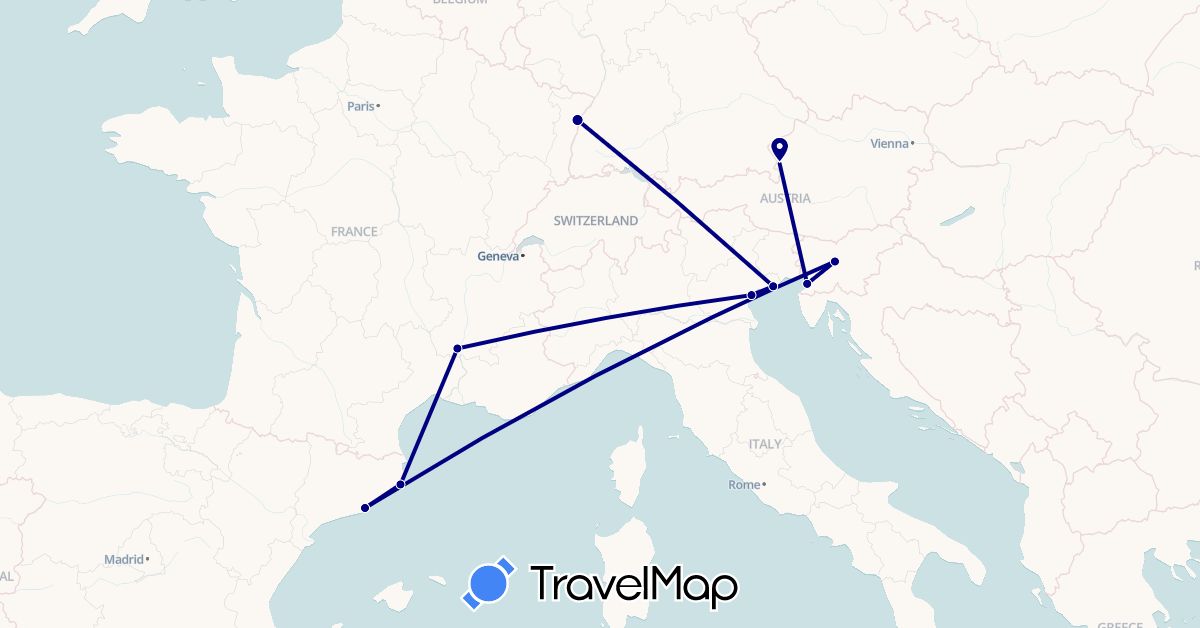 TravelMap itinerary: driving in Austria, Spain, France, Italy, Slovenia (Europe)
